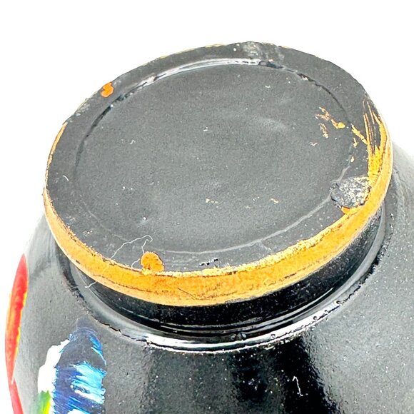 Ceramic Vase With Red & Yellow Floral Design Vintage Hand-Painted Black - Picture 12 of 12